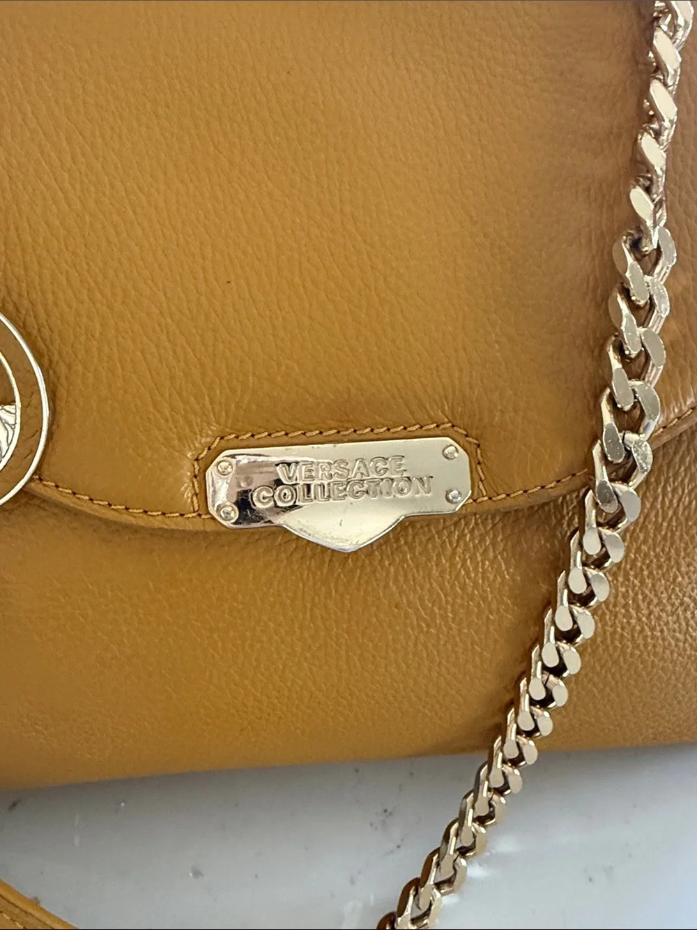 Versace Collection Mustard Yellow Leather Satchel with Gold Chain